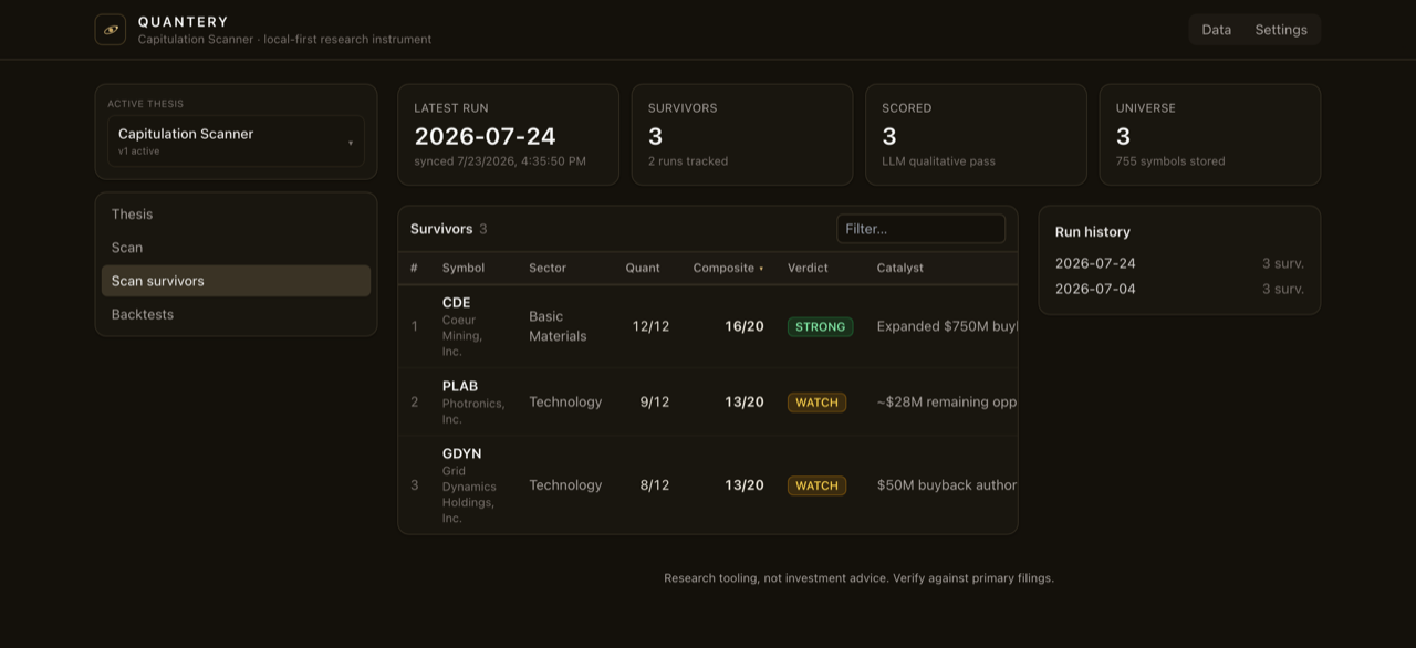 Quantery's survivors view after an AI scoring pass: each surviving ticker shows its quant score, a composite score including the AI-scored qualitative criteria, a STRONG or WATCH verdict, and an AI-surfaced catalyst note.