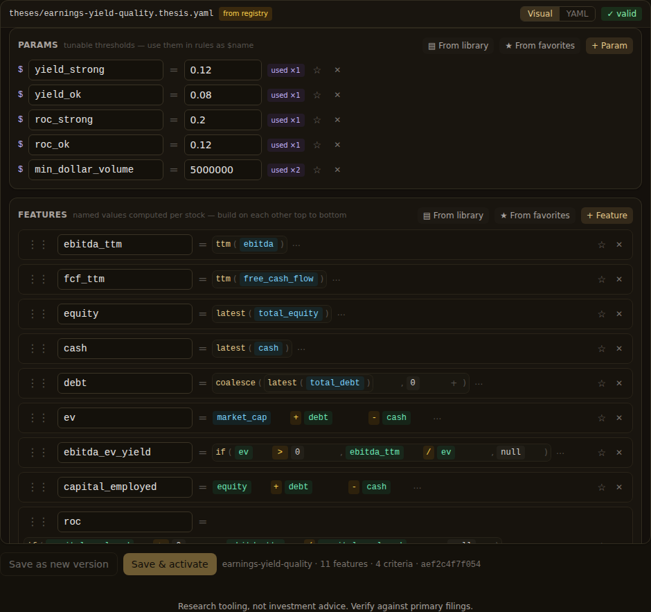The bundled Earnings Yield + Quality template in Quantery's visual thesis builder: named parameters at the top, features composed from raw point-in-time fundamentals below. The energy screen sketched in this post assembles the same way.